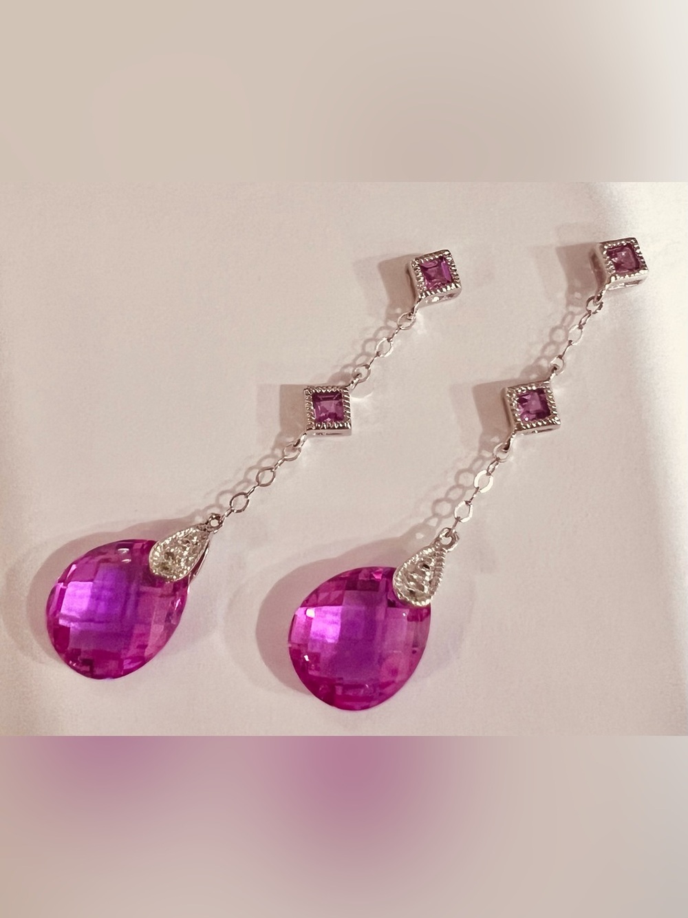 💖Stunning Pink Sapphire Teardrop Dangle Drop Earrings White Gold Cushion Cut